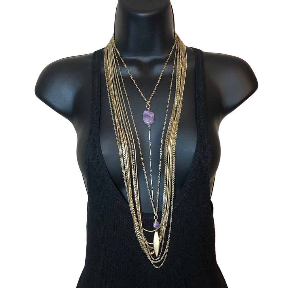 Talbots multi chain long necklace + artisan layered purple stone chain necklace.